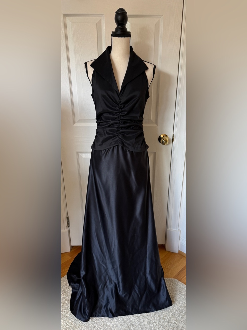 TADASHI SHOJI Black Ruched Satin Tuxedo Style Evening Gown Vintage 90s Sz 6 *EUC